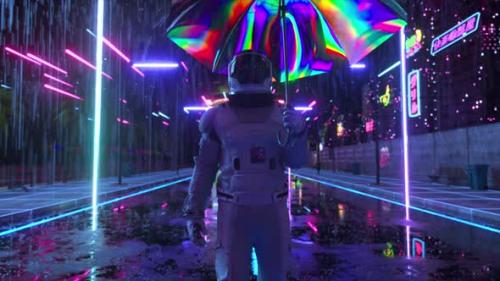 Videohive - Astronaut Walks in the Rain Through a Futuristic City at Night Shiny Umbrella Spacesuit Cyberpunk - 48099195