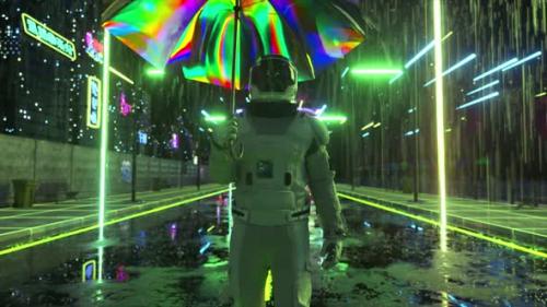Videohive - Futuristic Concept An Astronaut Walks with an Umbrella Through a Cyberpunk City in the Rain Green - 48099203