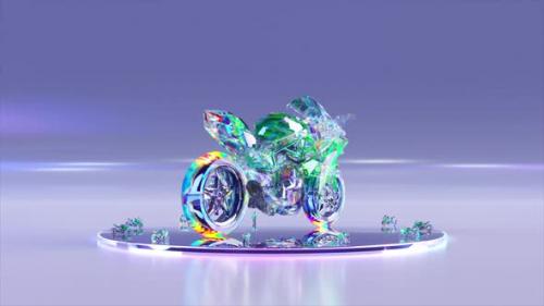 Videohive - Advertising Concept A Diamond Motorbike Rotates on a Round Shiny Platform Blue Green Neon Color 3D - 48099481