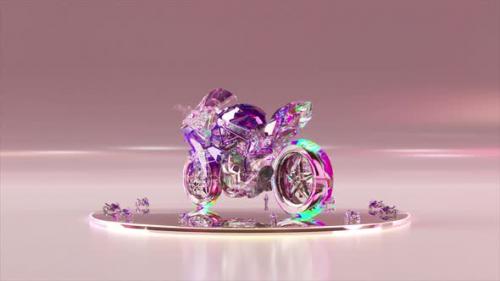 Videohive - Advertising Concept A Diamond Motorbike Rotates on a Round Shiny Platform Purple Pink Neon Color 3D - 48099500