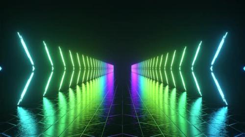 Videohive - Futuristic Neon Glowing Corridor on Dark Abstract Background Multicolored Illumination 3D Animation - 48099542