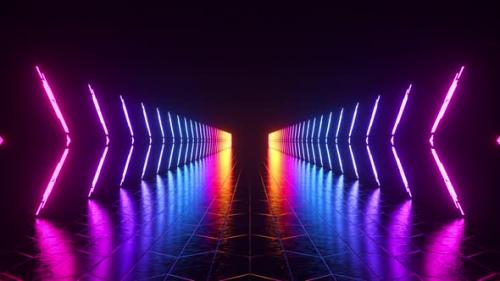 Videohive - Futuristic Neon Glowing Corridor on Dark Abstract Background Multicolored Illumination 3D Animation - 48099548