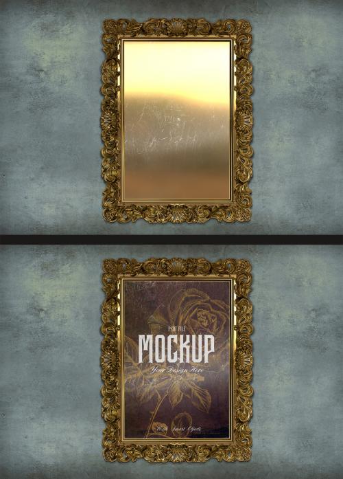 Ornamented Gold Frame Mockup on a Old Grunge Wall 645364671