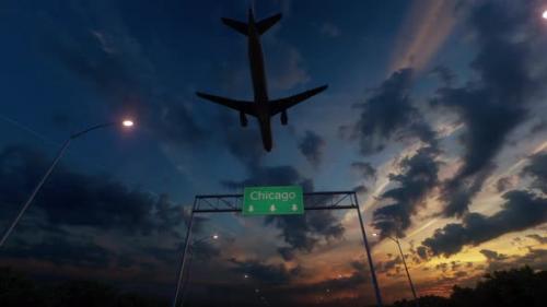 Videohive - Chicago City Road Sign - Airplane Arriving To Chicago Airport - 48144418