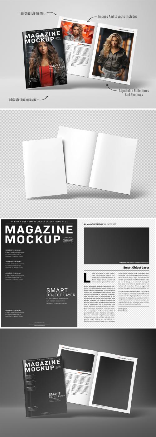 Isolated Magazine Cover and Open Magazine Mockup Floating on White Background 644811319