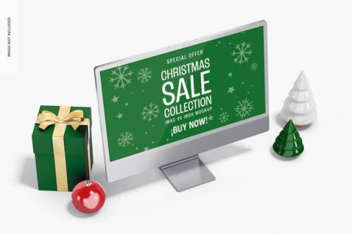 Premium PSD | Christmas sale imac 24 inch mockup, high angle view Premium PSD