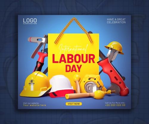Premium PSD | International labour day with helmet security and industrial materials social media poster design Premium PSD