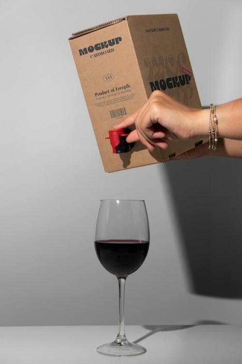 Premium PSD | Hand holding cardboard wine dispenser Premium PSD