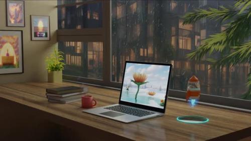 Videohive - Laptop Computer On the Study Table Against A Window On A Rainy Night : Lofi Loop Animation - 48118555