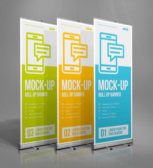 Roll-up Mock-up Scene with three banners in size 33x80 in different positions 642473561