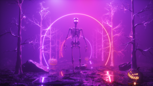 Videohive - Walking Skeleton In A Foggy Forest Halloween Background - 48124182