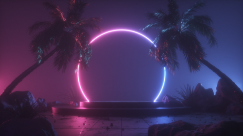 Videohive - Neon Glowing Frame On Stage And Palm Trees Background Loop - 48124185