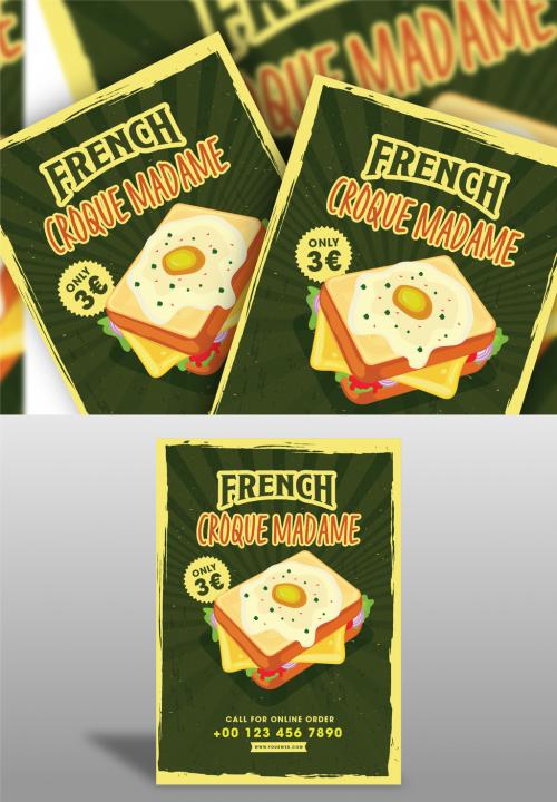 Vintage Style French Croque Madame Brochure, Menu Template in Green Color. 644482849