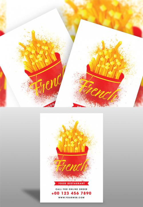 French Food Restaurant Menu Card Template Layout With Powder Splatter Effect Fries Box. 644482839