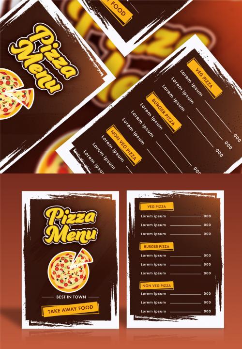 Pizza Menu Card Template Layout With Brown Brush Stroke Effect. 644482817