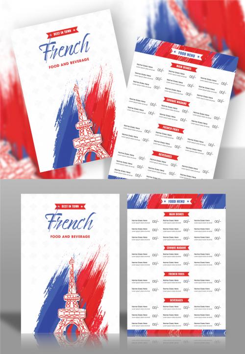 French Food And Beverage Menu Card Layout With Sticker Style Eiffel Tower, Red And Blue Brush Stroke Effect. 644482802