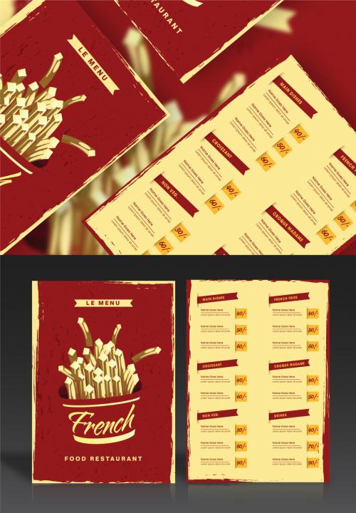 French Food Restaurant Menu Card Template Layout in Red And Yellow Brush Stroke Effect. 644482782