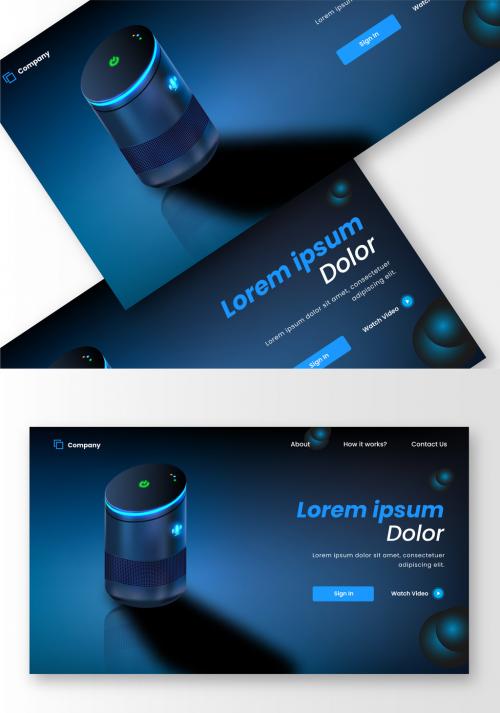 Responsive Landing Page Design in Blue Color with Realistic Smart Voice Assistant. 644482681