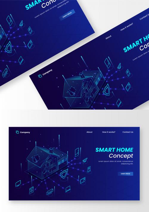 Responsive Landing Page Design with Blue Line Art Smart Home Automation System in Light Effect. 644482629