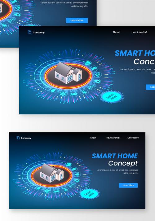 Responsive Landing Page Design with Smart Home Automation System on Digital Blue Background. 644482621