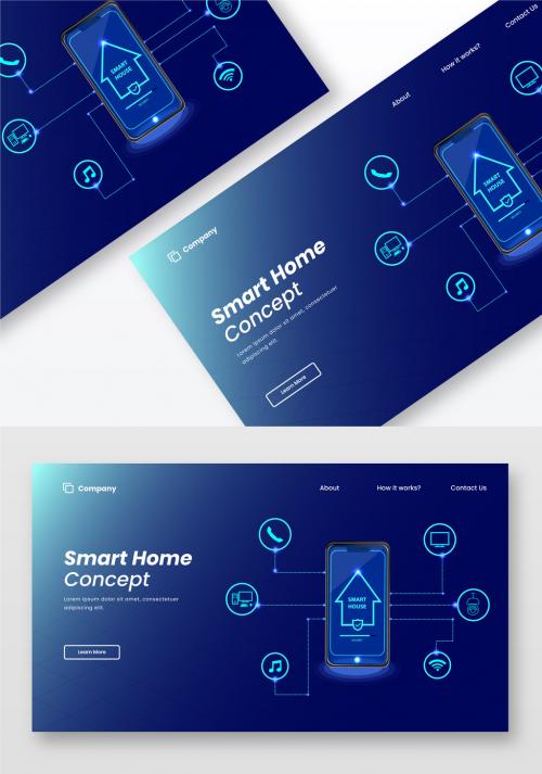 Responsive Landing Page Design, Smart Home Security Control From Smartphone and Internet of Things on Blue Background. 644482591