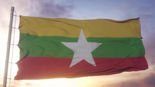 Videohive - Flag of Myanmar Waving in the Wind Sky and Sun Background - 48227336