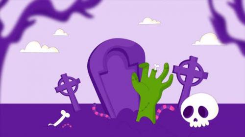 Videohive - Halloween Cartoon Zombie Hand In The Graveyard 4K - 48234049