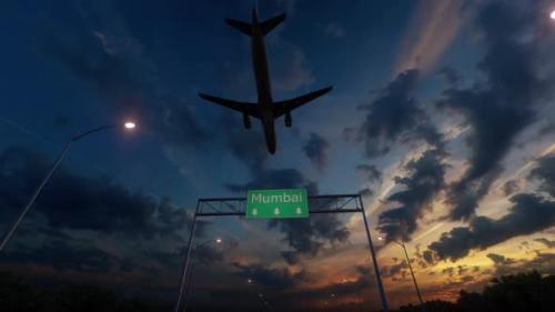 Videohive - Mumbai City Road Sign - Airplane Arriving To Mumbai Airport Travelling To India - 48237484