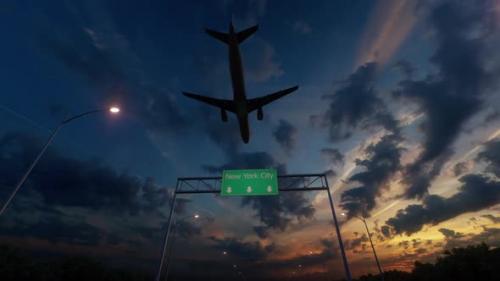 Videohive - New York City Road Sign - Airplane Arriving To New York City Airport Travelling To United States - 48241407