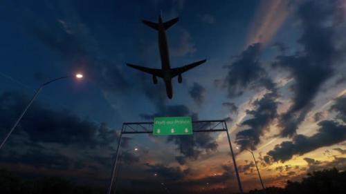 Videohive - Port-au-Prince City Road Sign - Airplane Arriving To Port-au-Prince Airport Travelling To Haiti - 48241429