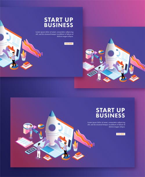 Business Startup Concept Based Landing Page with Business People Working to Launching a New Project on Workplace. 644482533