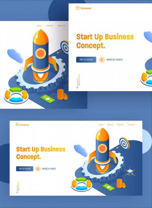 Startup Business Concept Based Landing Page Design with Rocket Launching and Business Elements. 644482535