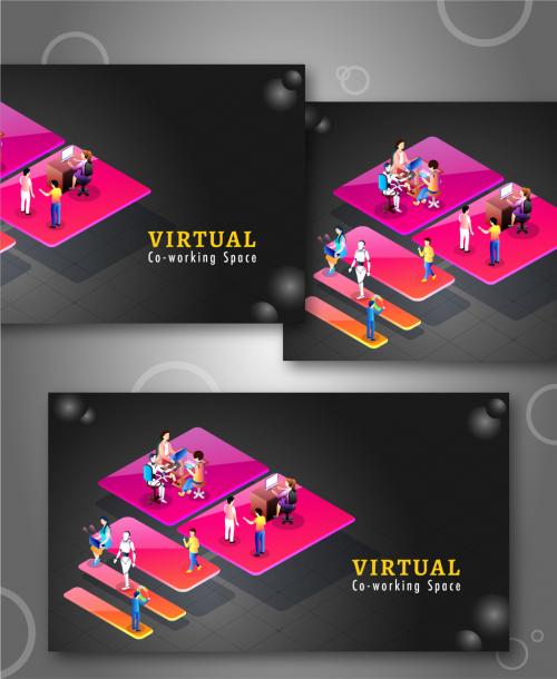 Virtual Co-Working Space Concept Based Landing Page Design with Business People Working at Different Workplace. 644482517