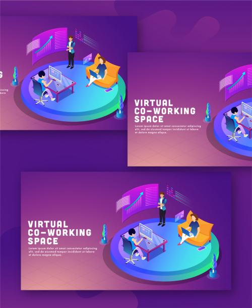 Virtual Co-Working Space Concept Based Landing Page Design with Business People Working at Different Workplace. 644482508
