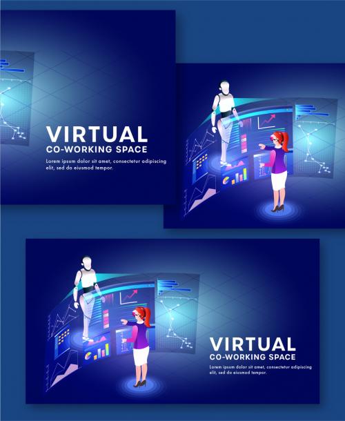 Virtual Co-Working Space Landing Page Design with Businesswoman Analysis Data or Stats of a Humanoid Robot Through VR Glasses. 644482497