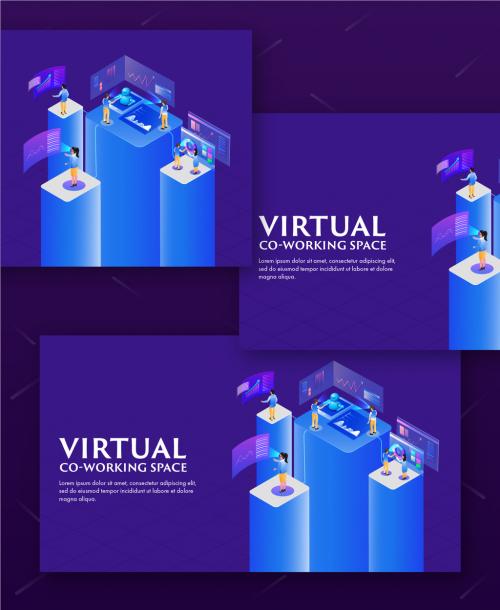 Virtual Co-Working Space Landing Page Design with Business People Working at Different Platform in Isometric Style. 644482492