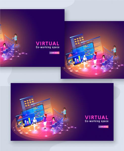 Virtual Co-Working Space Landing Page Design with Co-Worker Characters, Humanoid Robot and Analysis Screens. 644482481