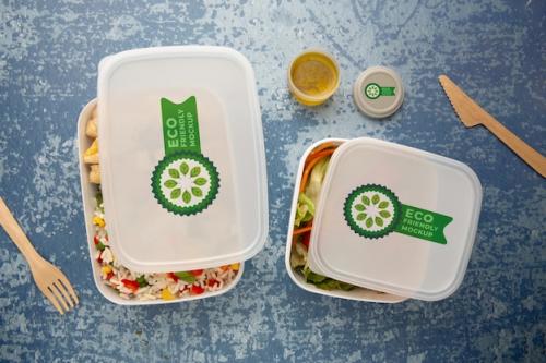 Premium PSD | Eco plastic packaging for food top view Premium PSD
