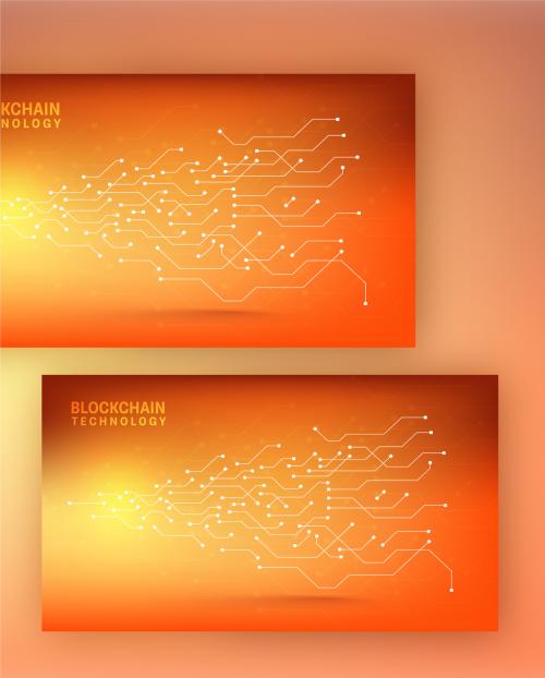 Blockchain Technology Concept Based Landing Page With Glowing Circuit Board Lines Orange Background. 644482448