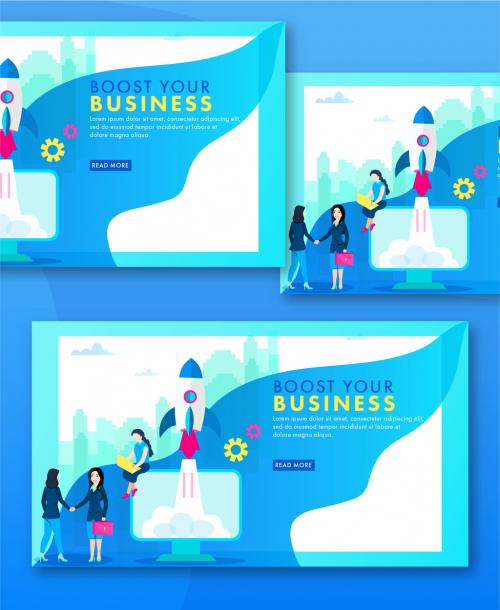 Businesswomen Launching A Successful Project From Desktop For Boost Your Business Or Startup Concept. Landing Page Design. 644482437