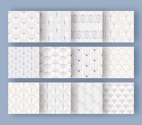 Modern Art Deco Patterns Set in Cream and Blue 644420913