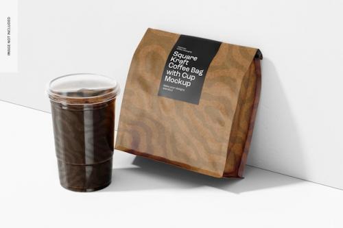 Premium PSD | Square kraft coffee bag with cup mockup Premium PSD