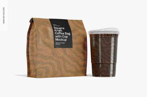 Premium PSD | Square kraft coffee bag with cup mockup, left view Premium PSD