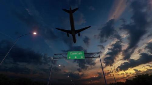 Videohive - Cancun City Road Sign - Airplane Arriving To Cancun Airport Travelling To Mexico - 48258299