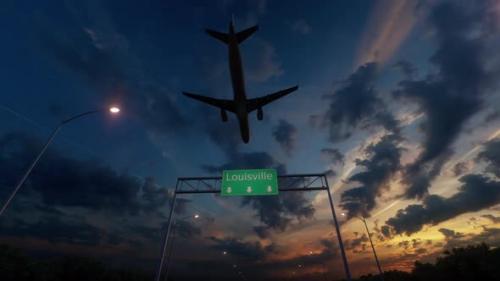 Videohive - Louisville City Road Sign - Airplane Arriving To Louisville Airport Travelling To United States - 48258389