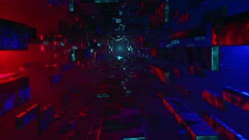 Videohive - Dark hallway with red and blue lights and black floor. Looped animation - 48355610