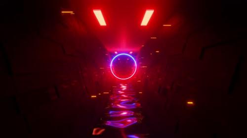Videohive - Tunnel with neon red-blue circle and many lights. Looped animation - 48355617