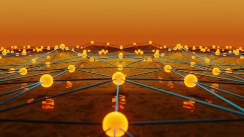 Videohive - Network of yellow balls on the field with orange background. Looped animation - 48355635