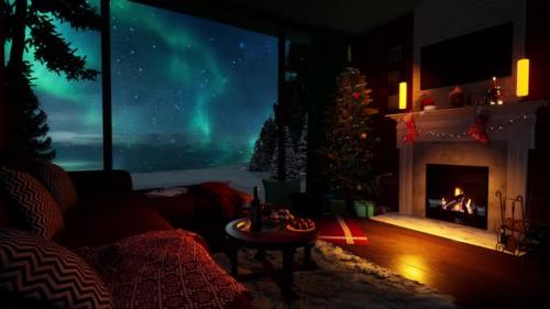 Videohive - Celebrating Christmas by the fireplace overlooking the polar lights - 48366470