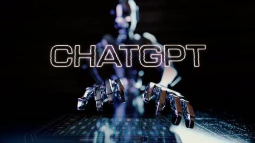 Videohive - Chat Gpt Text Animated With Ai Robot Businessman Typing On A Futuristic Keyboard - 48369669